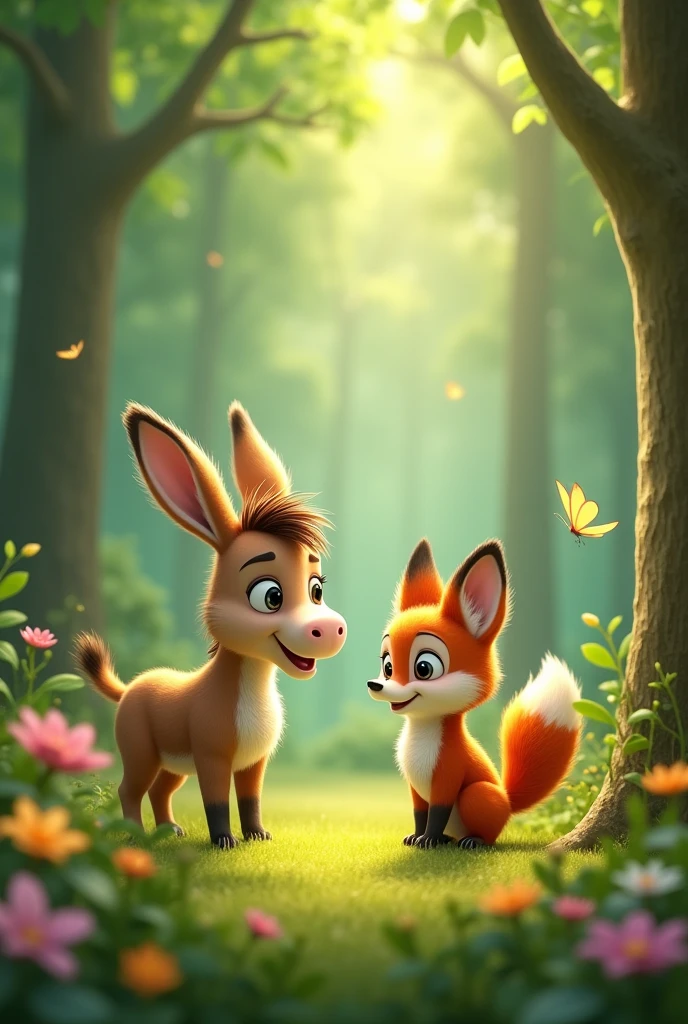 Donkey and fox animation with in forest talkin with them