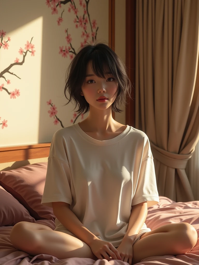 ;Japanese women, A thin lip curls into a sarcastic smile, Getting out of bed, short hair、Casual T-shirts、Luxury bets.