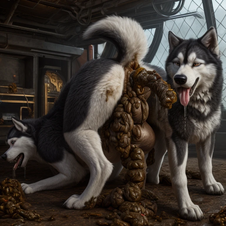 A hyper realistic, ultra detailed image of a husky, fat, (((((feral, husky rimming feces, paws))))), thick thighs, duo, shaded, intricate, realistic, detailed background, (saliva:0.8), panting, drooling, saliva, aroused, on a klingon star ship, freighter. ((((ass up, butt focus, belly on back, excessive drooling, scat mouth, duo, hyper balls, feral, excessive anal scat, standing, excessive hyper anal feces, husky anal feces rimming))))