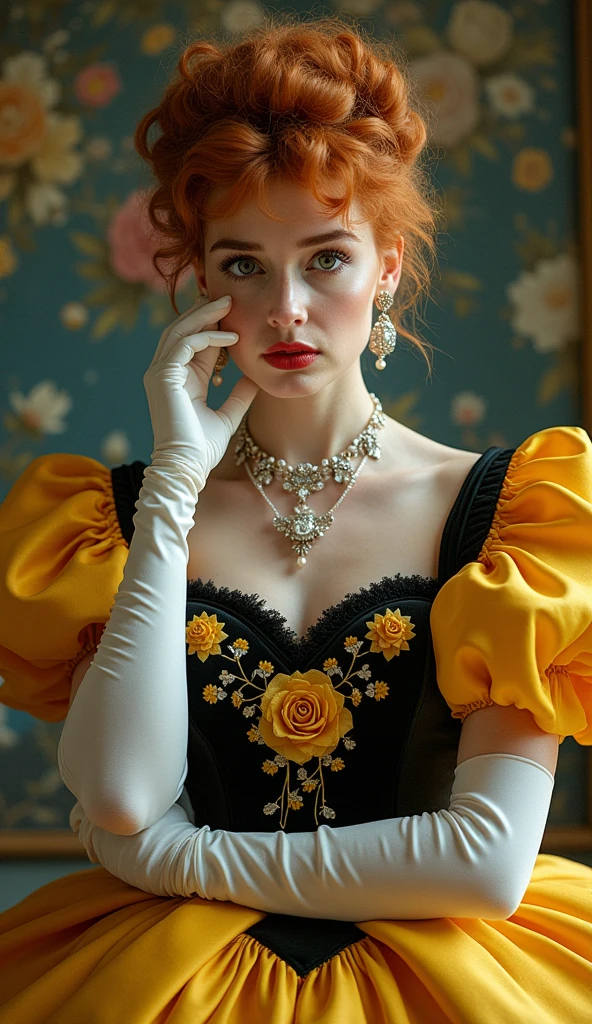 John Tenniel art, frustrated Audrey Hepburn , red hair, curls, wearing a stately and elaborate trixie ballgown of black satin and yellow adorned with large satin poufs, (((huge ribbon bows))), rosebuds, embroidery and jewels, (gigantic breasts:1.3) with (((enormous puffed sleeves))), an hourglass waist, and a (((voluminous crinoline hoopskirt))), (((bustle))),   long white gloves, pearl and diamond necklace and earrings, large elaborately curled and styled hair.