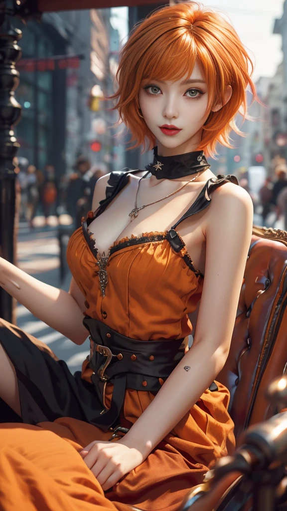 ​masterpiece, top-quality, ((1womanl)), different orange color, finely eye and detailed face, intricate detailes, Casual black and orange attire, window, A smile, Happiness, tenderness, high-level image quality、selfee, Beautuful Women、tall、a small face, D-cups, The upper part of the body、nightfall, nighttime scene、𝓡𝓸𝓶𝓪𝓷𝓽𝓲𝓬、Korea person, Idol Photos, Model photo, k pop, Professional Photos, Vampires, Korean fashion in black and orange, Fedoman with necklace, inspired by Sim Sa-jeong, androgynous vampire, :9 detailed face: 8, extra detailed face, detailed punk hair, ((eyes are deialed)) baggy eyes, Seductive. Highly detailed, semi realistic anime, Vampires, hyperrealistic teen, Delicate androgynous princess, imvu, ((short hair woman)), orange hair woman with wild look, ((Woman with short orange hair)), ((1 persons)), sitting,