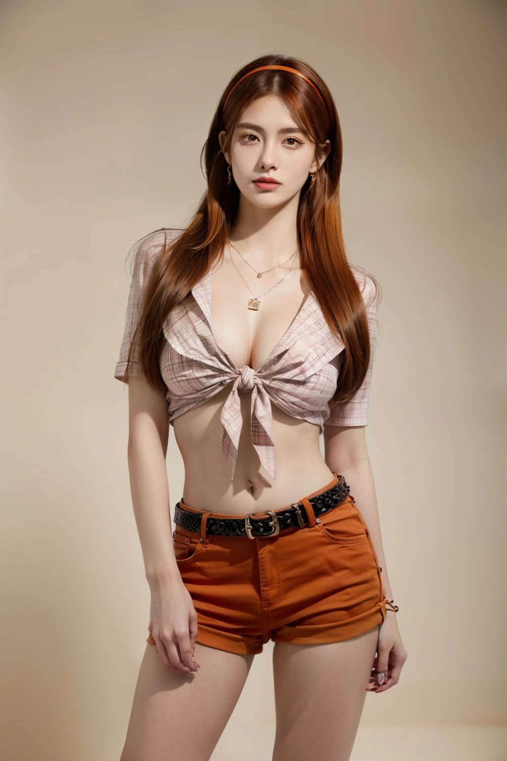 (RAW shooting, Photoreal:1.5, 8k, highest quality, masterpiece, ultra high resolution), perfect dynamic composition:1.2, Highly detailed skin and facial textures:1.2,beautiful and aesthetic:1.2, standing:2, full body:2, sandals, Fair skin, (large :1.4, Chest gap:1.4),(connie,hair band,earrings,necklace,1girl, tall, long legs, makeup:1.2, long hair, dark orange hair, navel,perfect thigh:1.4, tight tied shirt,short sleeves, tight red short pants:2, belt:1.2),(simple background:1),