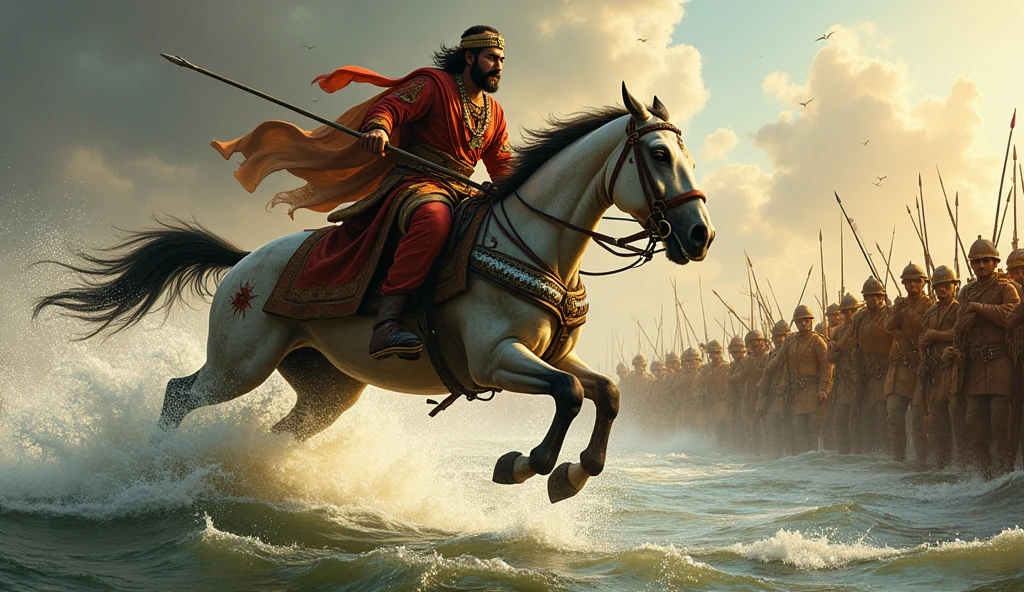 Chetak making his final leap across a river with Maharana Pratap on his back. The horse is clearly injured, with arrows piercing its body, but its expression is one of fierce determination. On the other side of the river, safety and a few loyal soldiers await