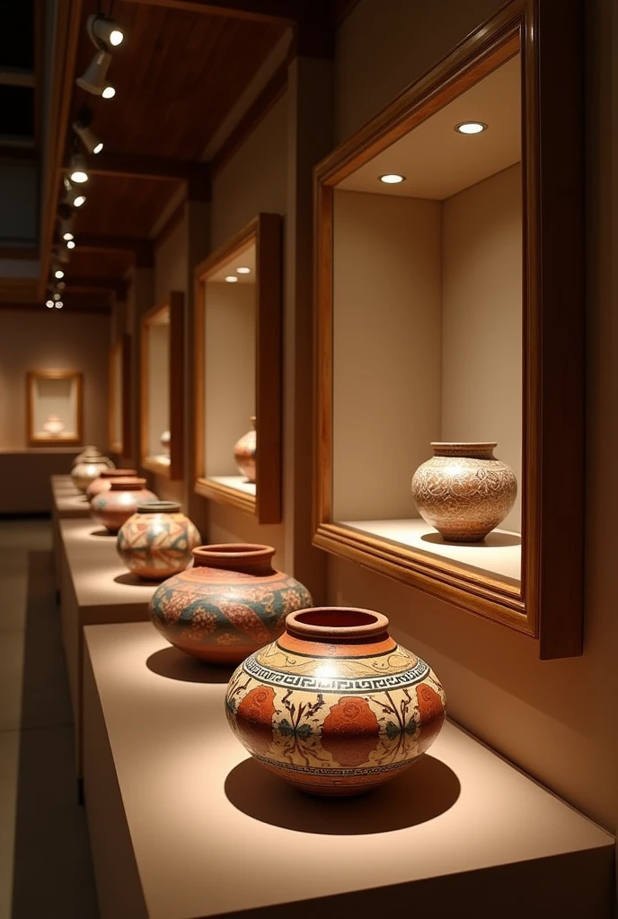 Generate several Inca ceramic pots inside niches covered by glass.