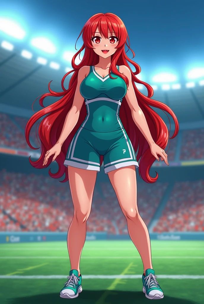 Adult anime woman with long red hair, red eyes, thick red lips, wearing a super tight teal cheerleader outfit with teal sports shoes, large breasts and voluptuous large buttocks. 