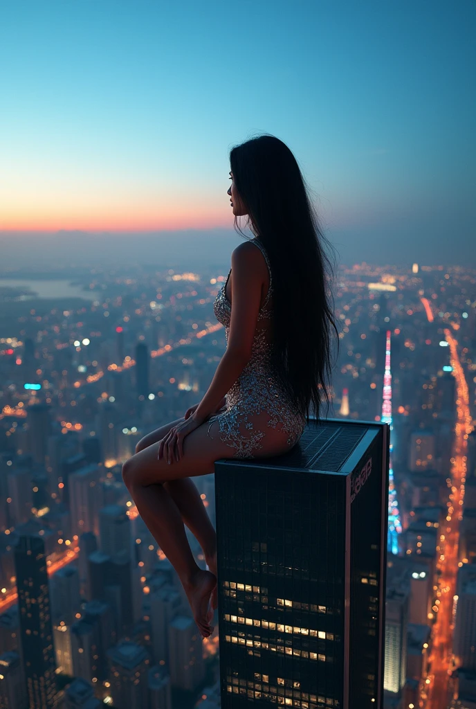 araffe sitting on a ledge overlooking a city skyline, highly detailed giantess shot, perched on a skyscraper, giantess shot, overlooking a modern city, extremely detailed giantess shot, great view, demi rose, on top of it, giantess, sexy girl, gorgeous view, clear portrait of demi rose, city in the background, macro giantess