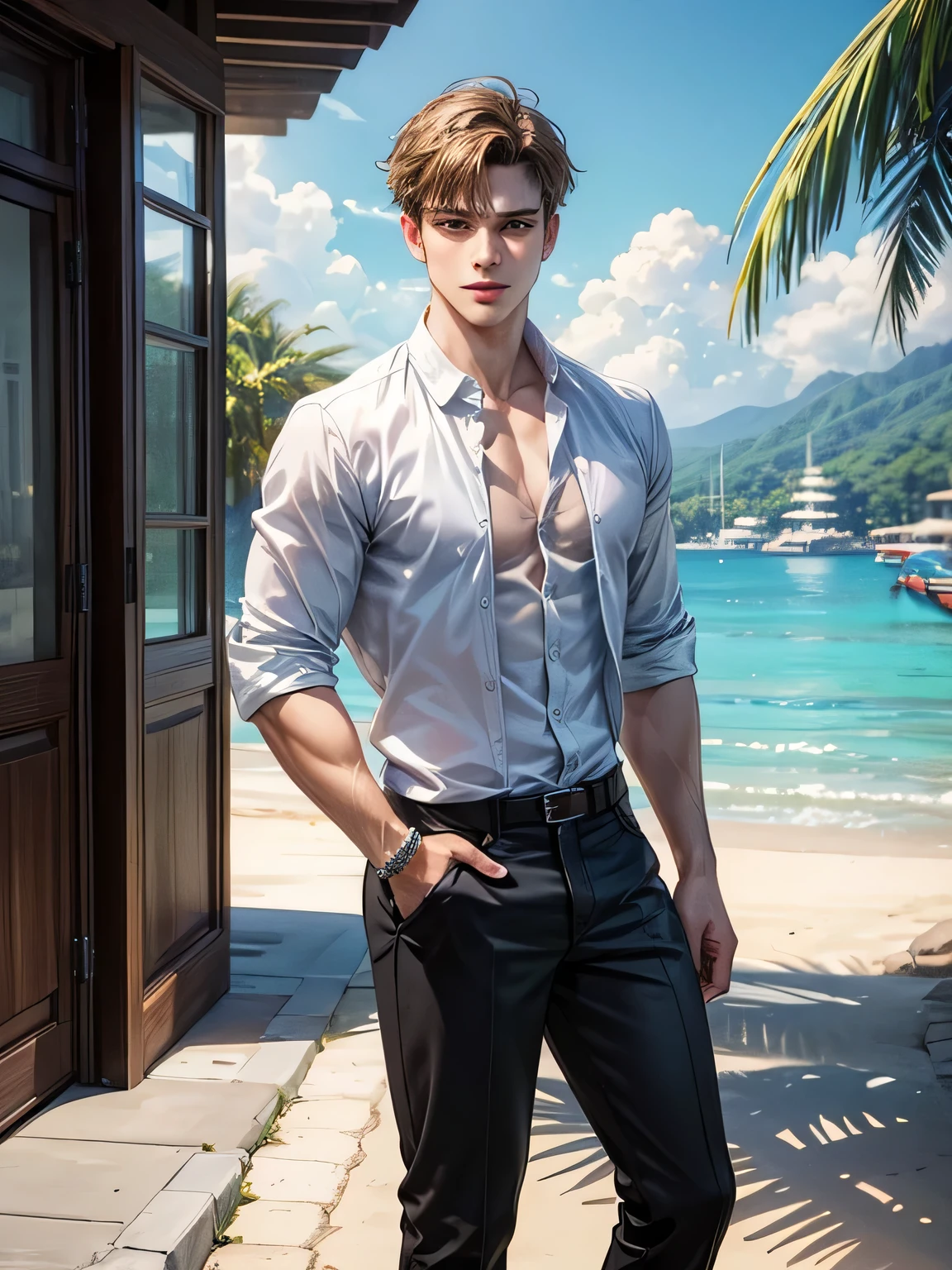 masterpiece, best quality, 1man, adult, male focus, solo, short hair, casual outfit, fashion show attire, extremely detailed resort background from the Philippines 