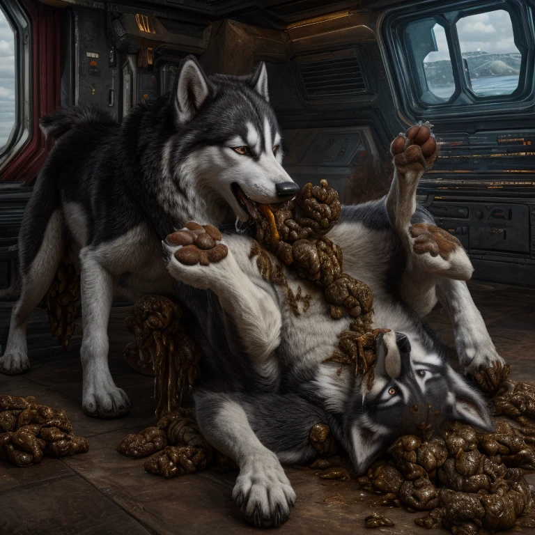 A hyper realistic, ultra detailed image of a husky, fat, (((((feral, husky rimming feces, paws))))), thick thighs, duo, shaded, intricate, realistic, detailed background, (saliva:0.8), panting, drooling, saliva, aroused, ass up, on a klingon star ship, freighter. ((((belly on back, standing leg up, excessive drooling, duo, hyper balls, feral, excessive anal scat, spreading legs, excessive hyper anal feces, husky anal feces rimming))))