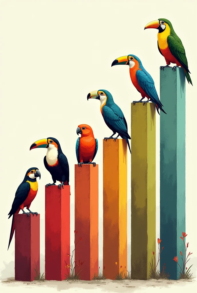 Make a bar chart where it has 90% of population decline of the pene Lopez purpurenses or guacharacas birds followed by the second column with the 80% decrease of the guacharaca bird we continue with the 70% decrease in the column with a bird called remonos corirostris or tumba yegua in the next column with the with the 60% population decrease will be the toucan Iris beak the next column is the bird that is the green macaw bird with a percentage decrease of 40% we continue then with the next column of the canary bird with a decrease of 30% The next column of the 20% it will correspond to the blood of the bull bird a red bird the size of a blue tile and with the 10% decrease are the tortolitas the birds must be each bird must be on top of each column a beautiful drawing of them