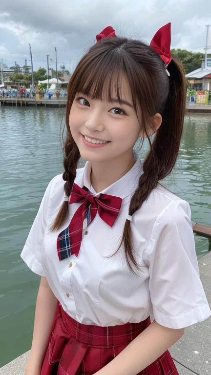 Tabletop、 Highest quality、 8k、(Golden ratio face、Balanced Eyes、Very lively eyes、Slightly droopy eyes)、double eyelid、Innocent face、Young Face、Beautiful Nose、Embarrassed Laugh、Lip gloss、Balanced style、Twin tail hair、so beautiful、Beautiful solo like a model、 Red ribbon in hair 、A bow tie、Sailor suit、White shirt、Tartan Check Skirt、１６Year、nice smile、teeth、There is the sea and clouds in the sky、The flower fields are in full bloom、