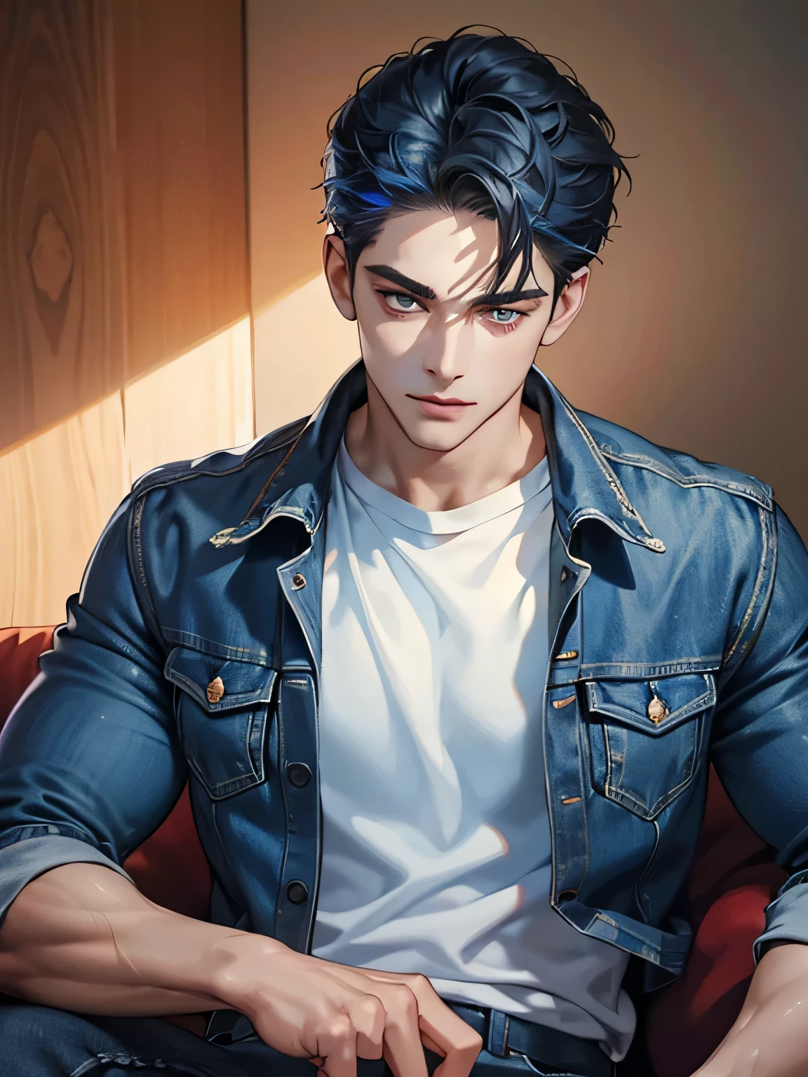 (Highest quality,4K,8K,High resolution,masterpiece:1.2),Super detailed,(Realistic,photoRealistic,photo-Realistic:1.37),30-year-old male,Handsome Anime,Portraiture,strong,Masculine,Dark blue hair,Sharp jawline,Captivating eyes,Perfectly styled hair,Medium Hair,Leather jacket,jeans,T-Shirts,Confident expression,Vibrant colors,Dynamic Lighting