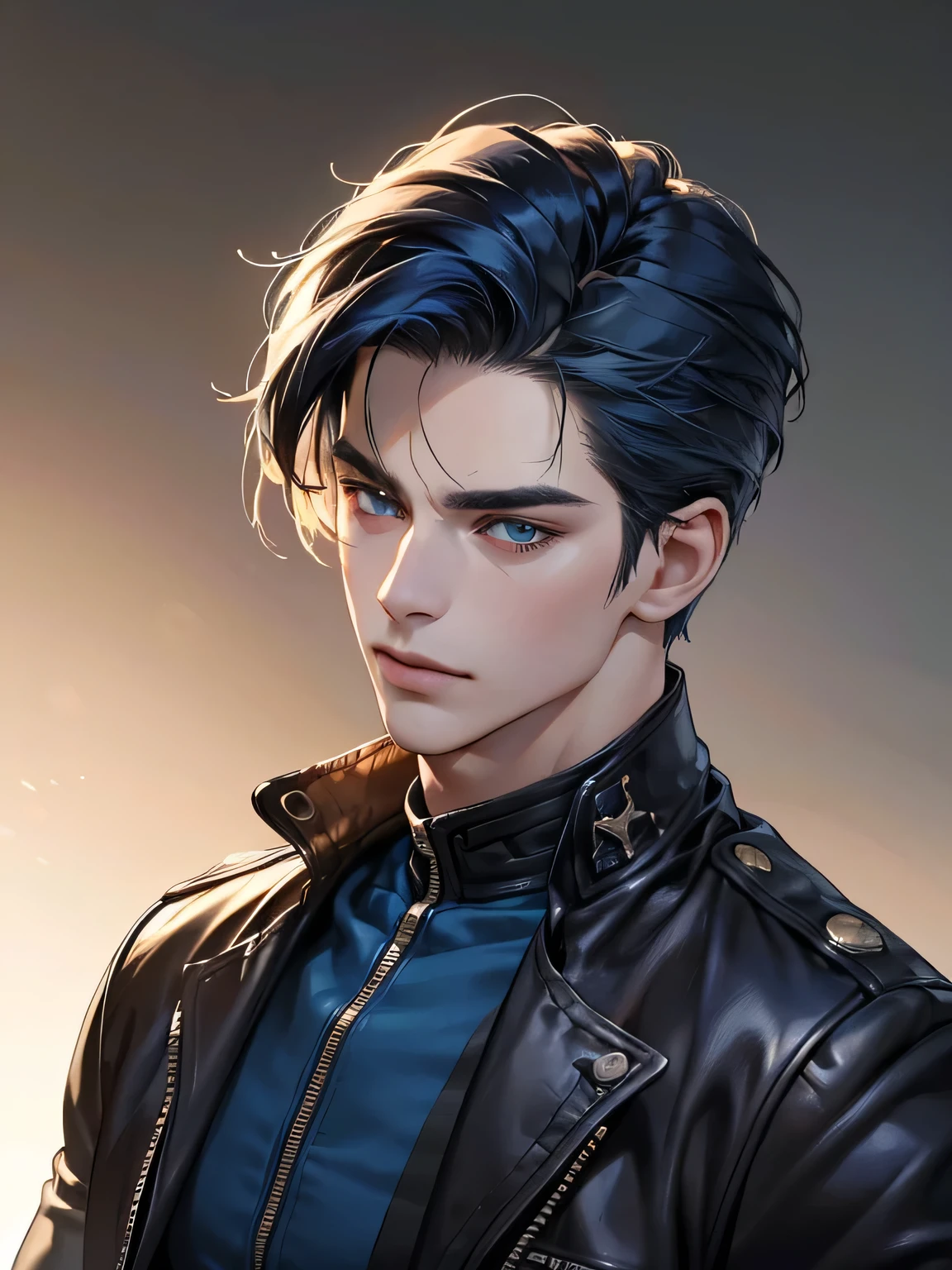 (Highest quality,4K,8K,High resolution,masterpiece:1.2),Super detailed,(Realistic,photoRealistic,photo-Realistic:1.37),30-year-old male,Handsome Anime,Portraiture,strong,Masculine,Dark blue hair,Sharp jawline,Captivating eyes,Perfectly styled hair,Medium Hair,Leather jacket,jeans,T-Shirts,Confident expression,Vibrant colors,Dynamic Lighting