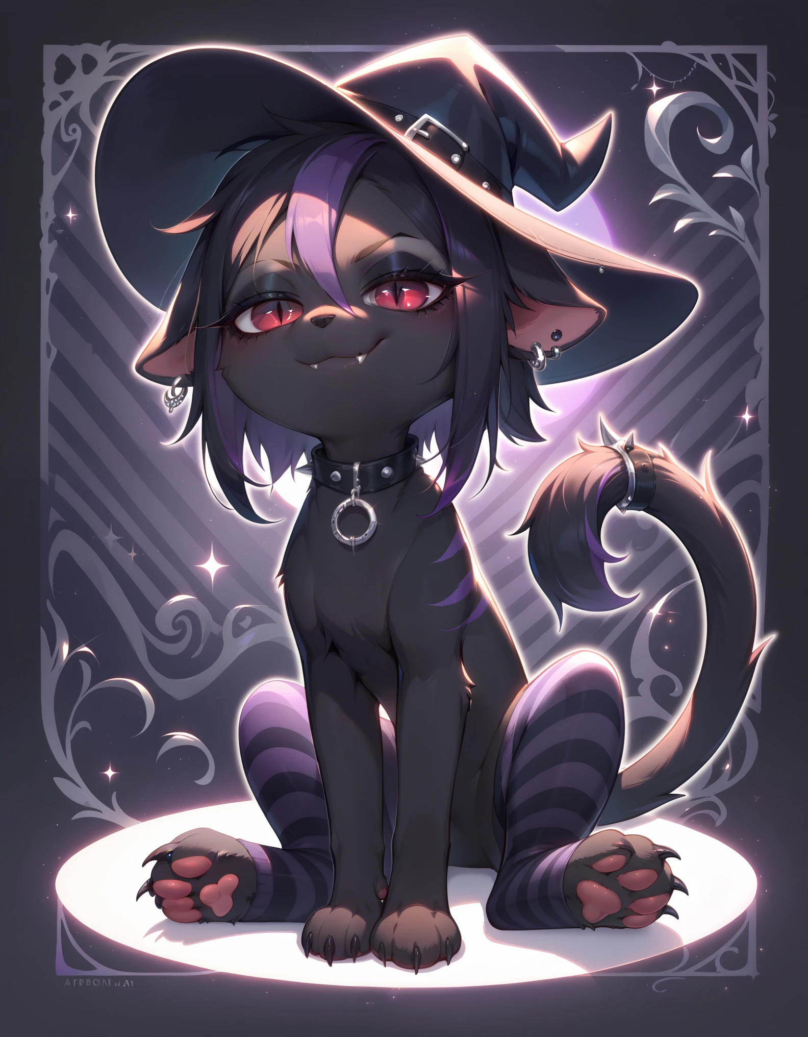 (score_9, score_8_up), score_7_up, score_6_up, best quality, highest quality, (feral), Goth girl, cat, furry, anthro, sitting, solo, official style, (witch hat), animal, (body fur), (black body, black skin, black fur), eyelashes, eyeliner, (black hair, purple hair, streaked hair), (messy hair, wild hair), animal ears, slit pupils, expressive eyes, beautiful eyes, smirk, fang, purple stripes, thin tail, tail ring, punk, piercings, collar, stockings, paws, uncensored, detailed background, jizoku