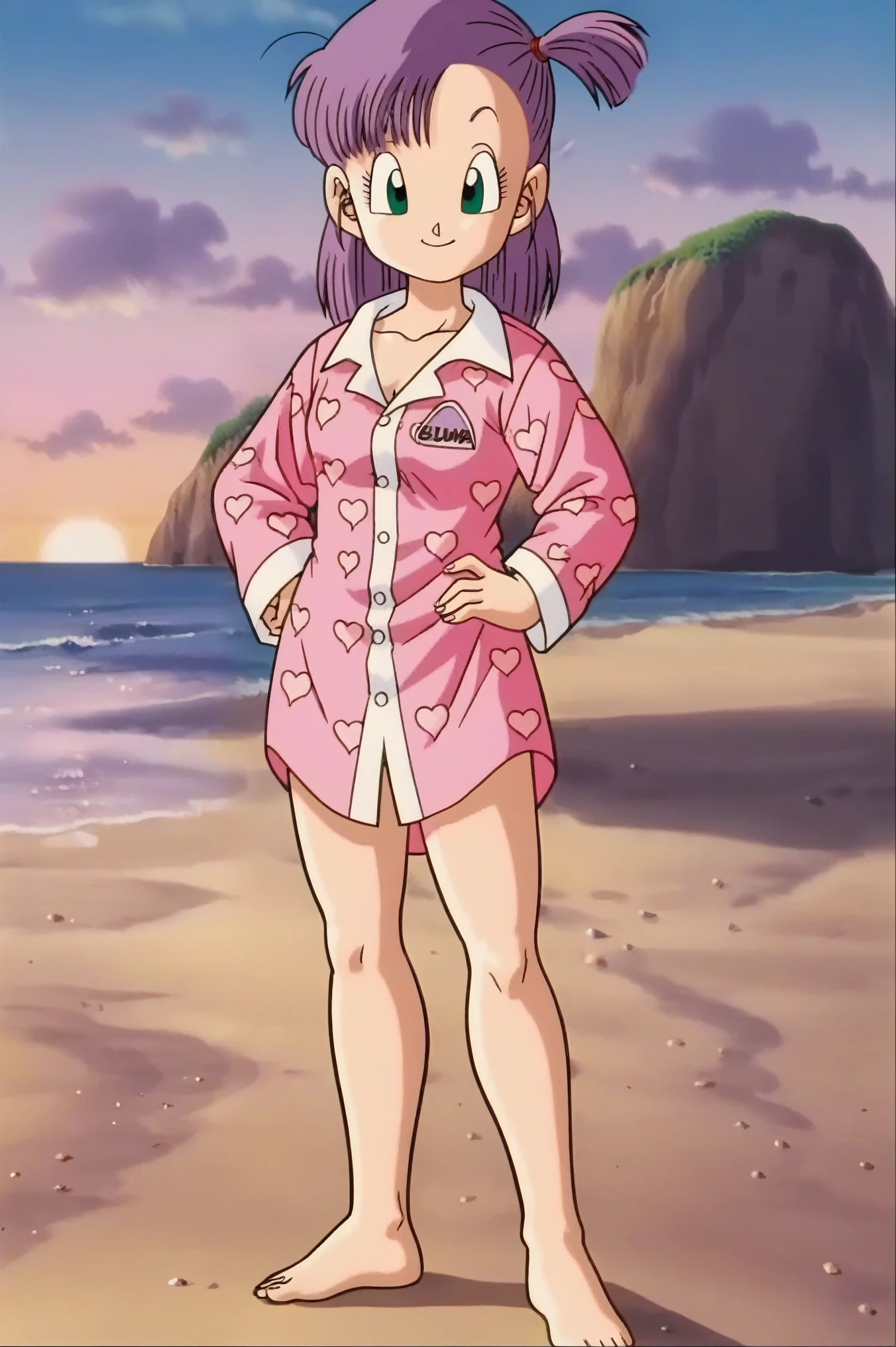 source_anime, score_9, score_8_up, score_7_up, anime screencap,
bulma, 1girl, solo, looking at viewer, smile, sunset, beach, green eyes, standing, full body, purple hair, heart, barefoot, hand on hip, one side up, pajamas, heart print, pink pajamas, clothes writing