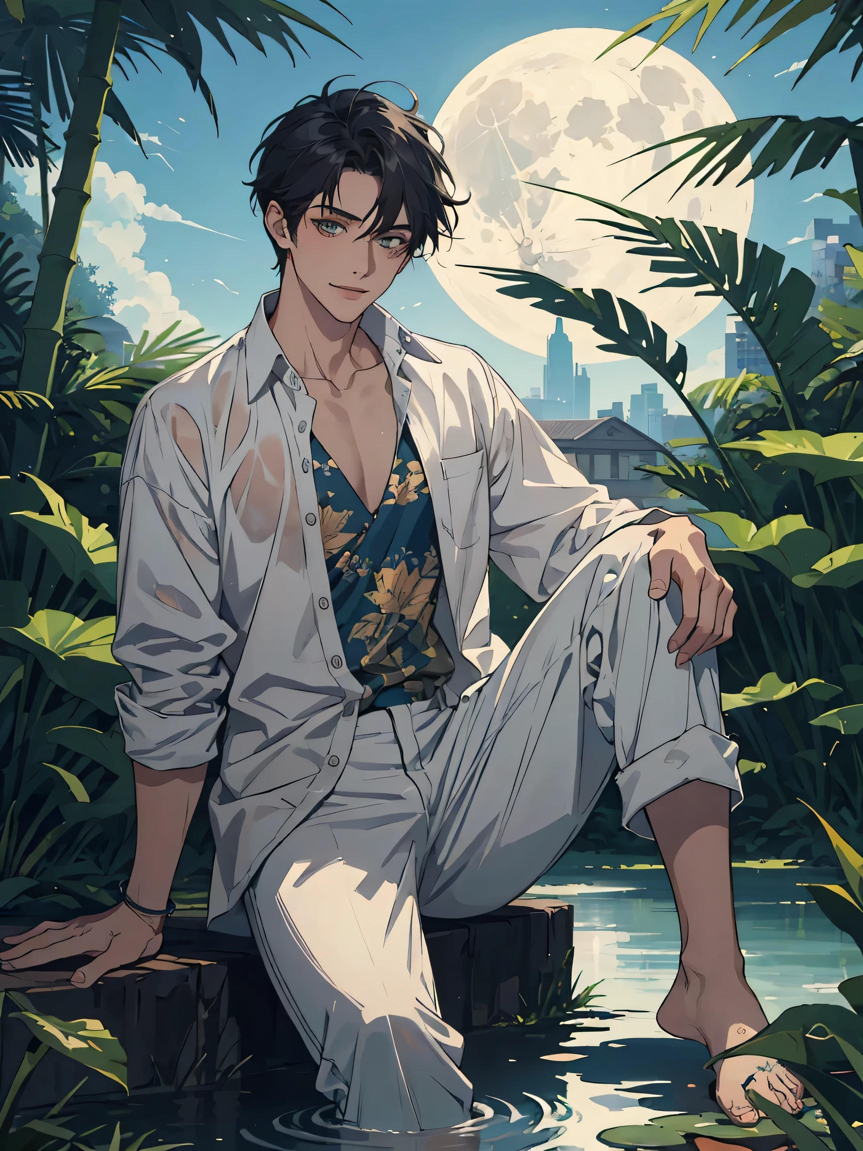 ((masterpiece,best quality)), 1 male, adult, handsome,full_moon, leaf, moon, plant, potted_plant, bamboo, 1guy, handsome man, palm_tree, water, tanabata, branch, barefoot, night, lily_pad, tanzaku, soaking_feet, vines, solo, outdoors, tree, very short black hair, wet, flower, smile, ivy, green_eyes, pants, lily_of_the_valley, sky, looking_at_viewer, palm_leaf, casual clothes, ((masterpiece,best quality)), beautiful detailed eyes, beautiful detailed face, white shirt, white pants


