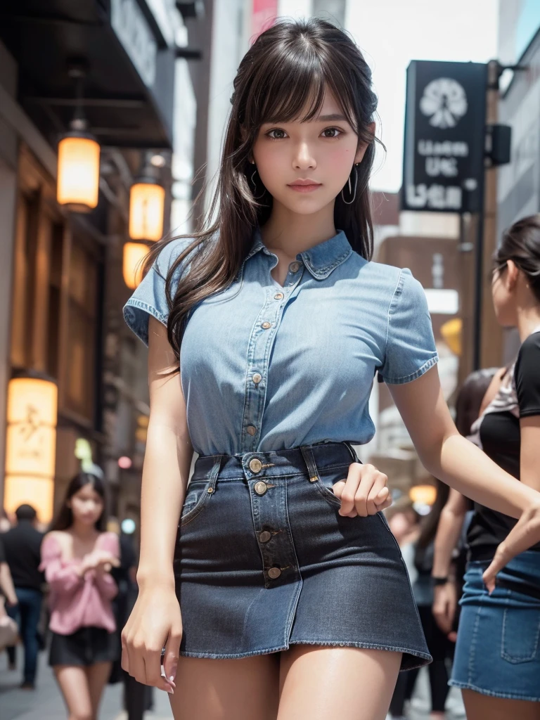 Quality,1 girl,Cowboy Shot,Front view,(Thigh Emphasis:1.6),(Angle up to the knee:1.ung and cute Japanese,20-year-old,smile,Harajuku,(Crowded street:1.4),Snazzy,((blouse:1.5)),wear,(Snazzyバッグ:1.5),Fashionable necklaces,Stylish earrings,((Denim fabric,Black ultra-short micro mini skirt:1.5)),wear,Very cute face,Glossy Lips,Big eyes,Brown eyes,Double eyelids on both eyes,(Natural Makeup),Small and cute nose,shiny smooth light brown long hair,,,,,Asymmetrical bangs,Center image,8k resolution,Attention to detail,Detailed hairstyle,Detailed face,Cinema Lighting,Octane Rendering,Ultra-realistic,Perfect limbs,(Detailed fingers:1.5),Beautiful legs,Voluptuous thighs,Huge breasts,Perfect Anatomy,