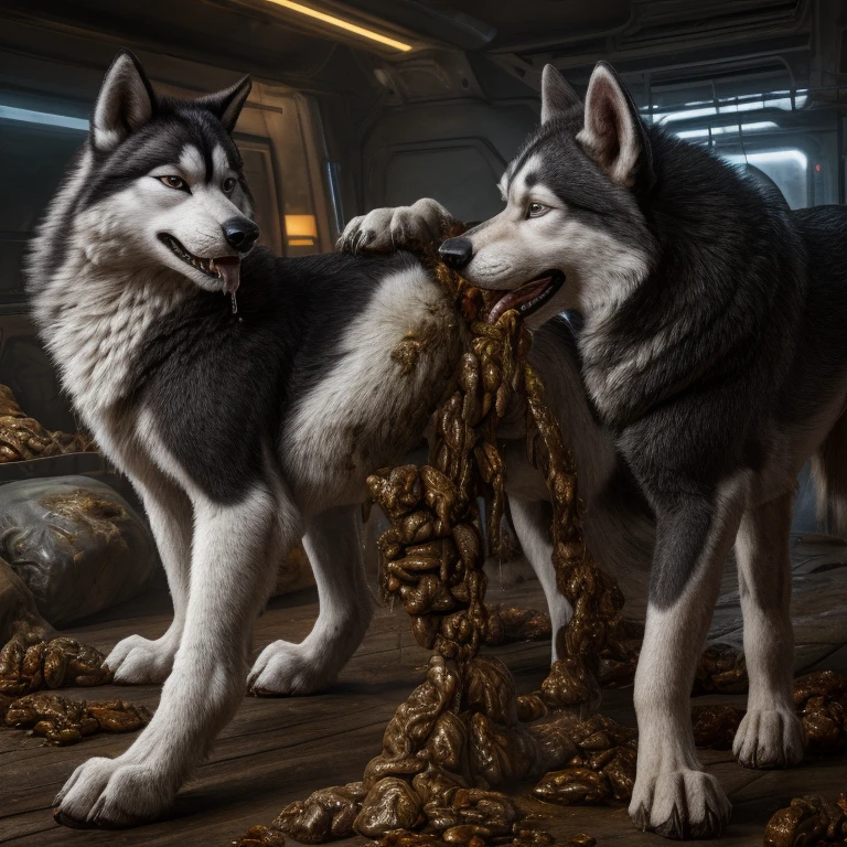 A hyper realistic, ultra detailed image of a husky, fat, (((((feral, husky rimming feces, paws))))), thick thighs, duo, shaded, intricate, realistic, detailed background, (saliva:0.8), panting, drooling, saliva, aroused, ass up, on a klingon star ship, freighter. ((((standing leg up, excessive drooling, duo, hyper balls, feral, excessive anal scat, spreading legs, excessive hyper anal feces, husky anal feces rimming))))