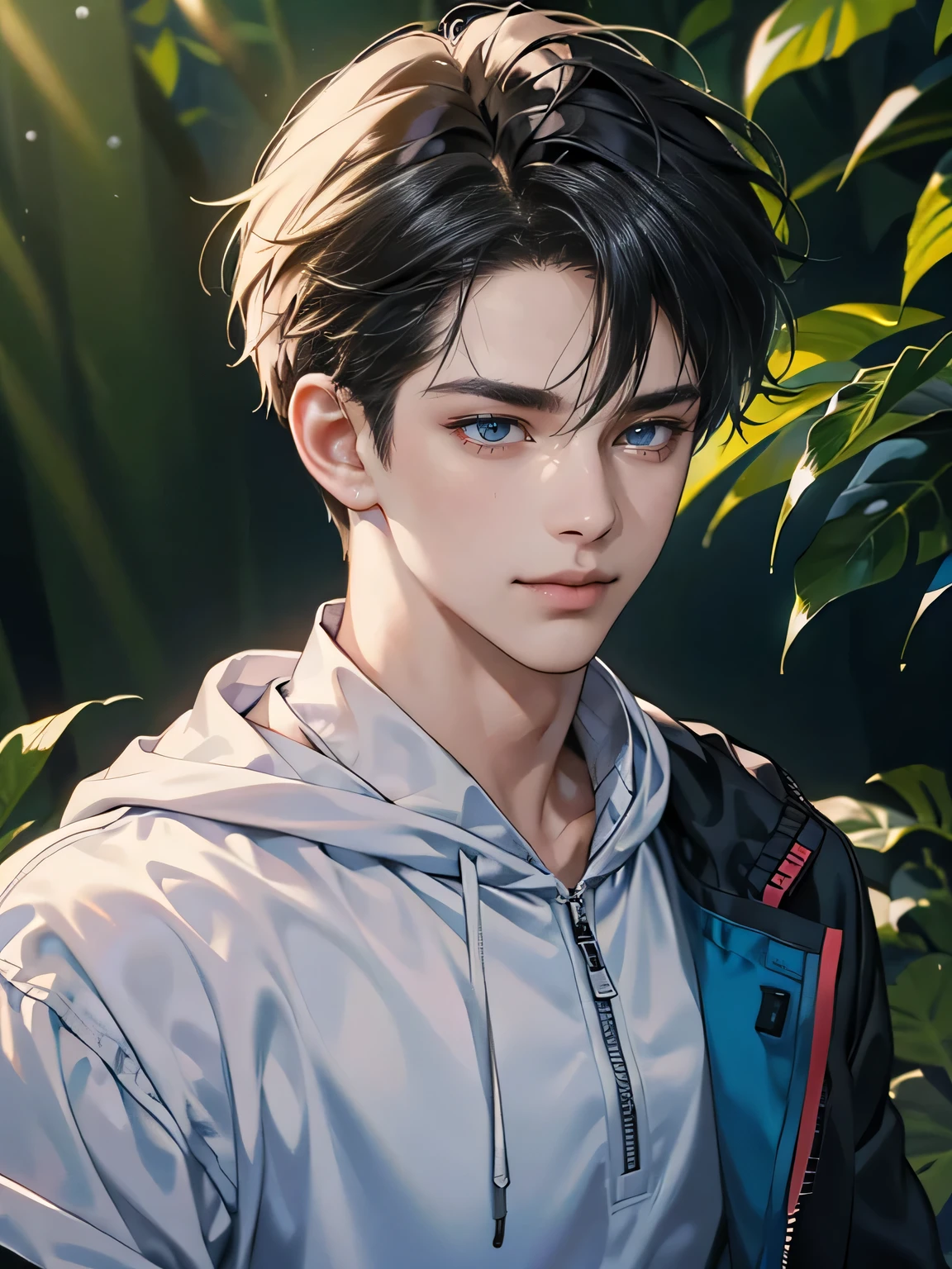 (tmasterpiece, high resolution, ultra - detailed:1.0), (1 boy, young male), eyes looking at camera, perfect male body, delicate eyes and delicate face, extremely detailed CG, 8k wallpaper, complicated details, solo person, detailed face,( jacket, hoodie, windbreaker, smile), outdoor, tree and flower, virgin forest, color difference, depth of field, dramatic shadow, ray tracing, best quality, cinematic lighting, offcial art, portrait