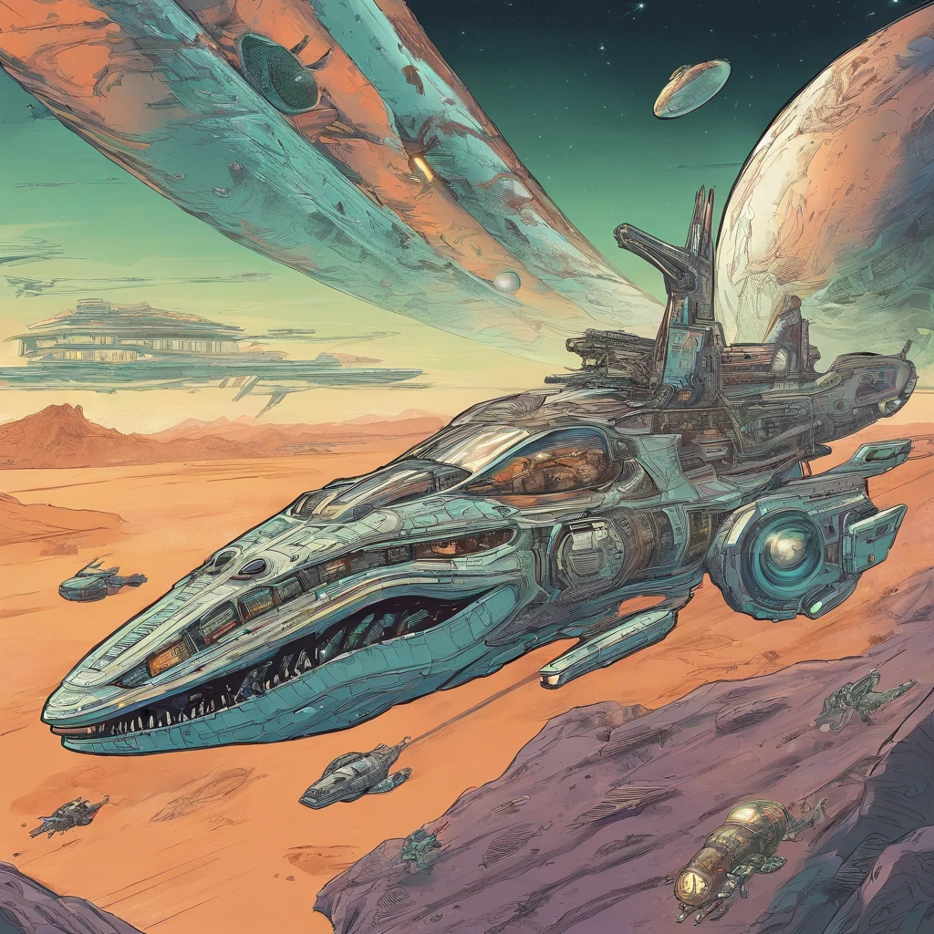 A crocodile piloting a spaceship with a crew of humans arriving on Earth 