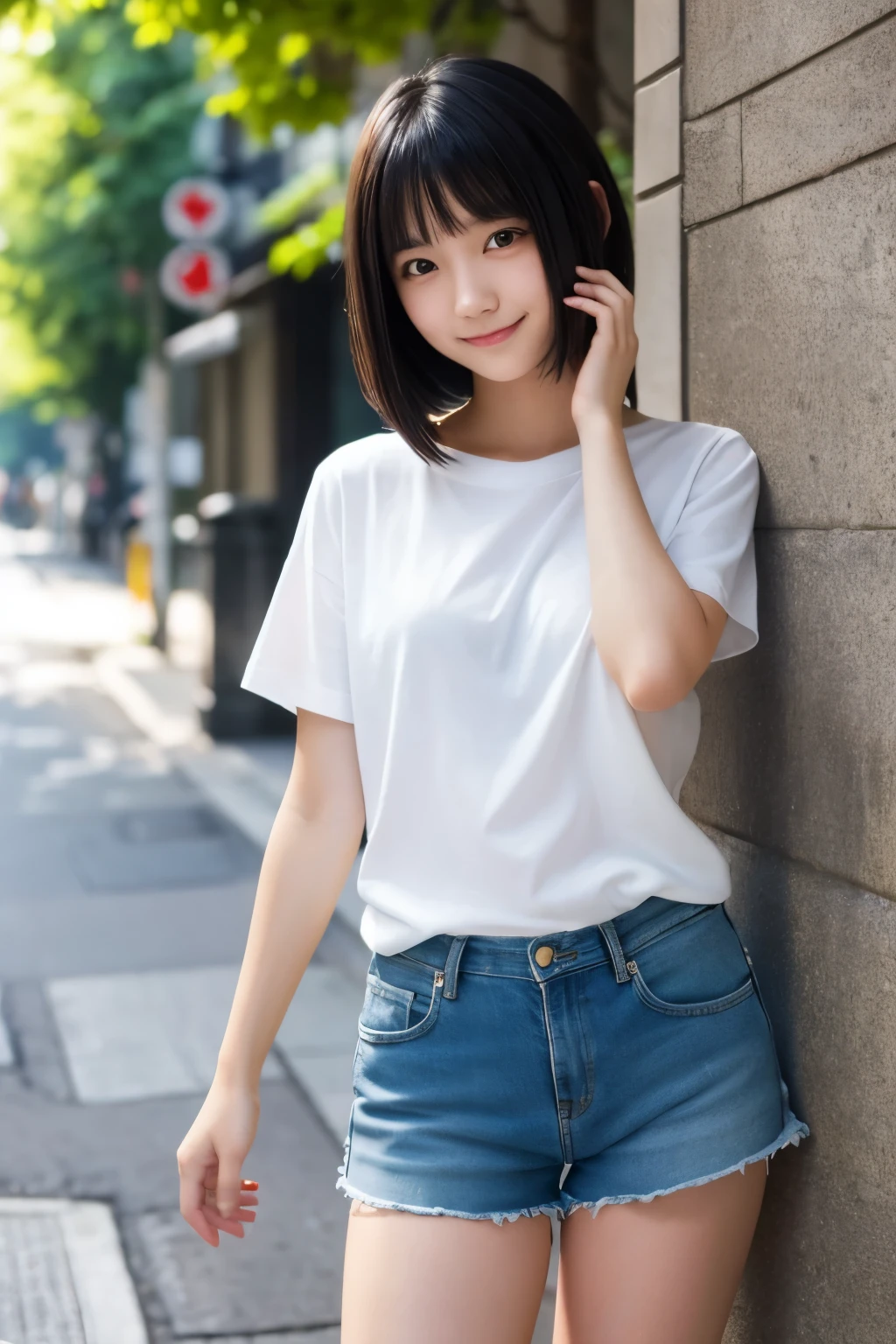 18 years old, Japanese, with short black hair,Inner Color,Straight Hair, F-cup,Short-sleeved shirt,wool shorts,with a shy expression and eyes looking downward, low quality:2, captures a serene mood,more real quality,not too much AI,Photorealistic,Realistic,Close-to-reality,Pretty Girl,blur,shy-smile, Sunlight, at street