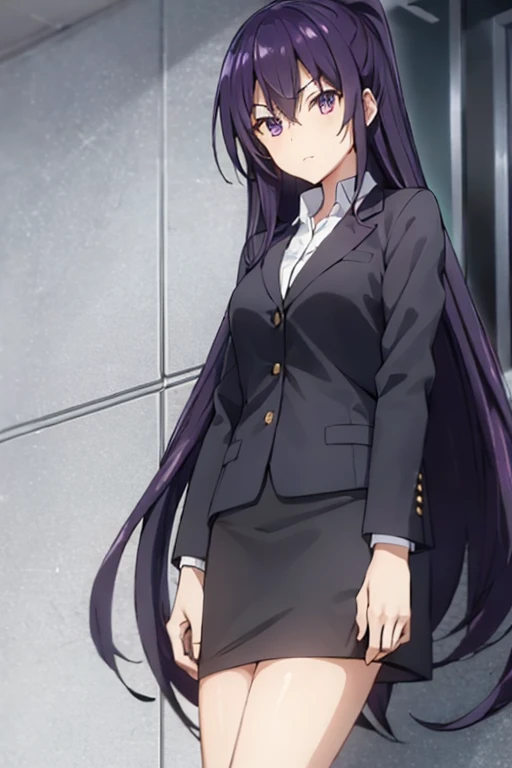 1girl, tohka yatogami, suit, office lady, black skirt, black blazer, pencil skirt, white shirt, collared shirt, long hair, ager, looking at viewer, full body,