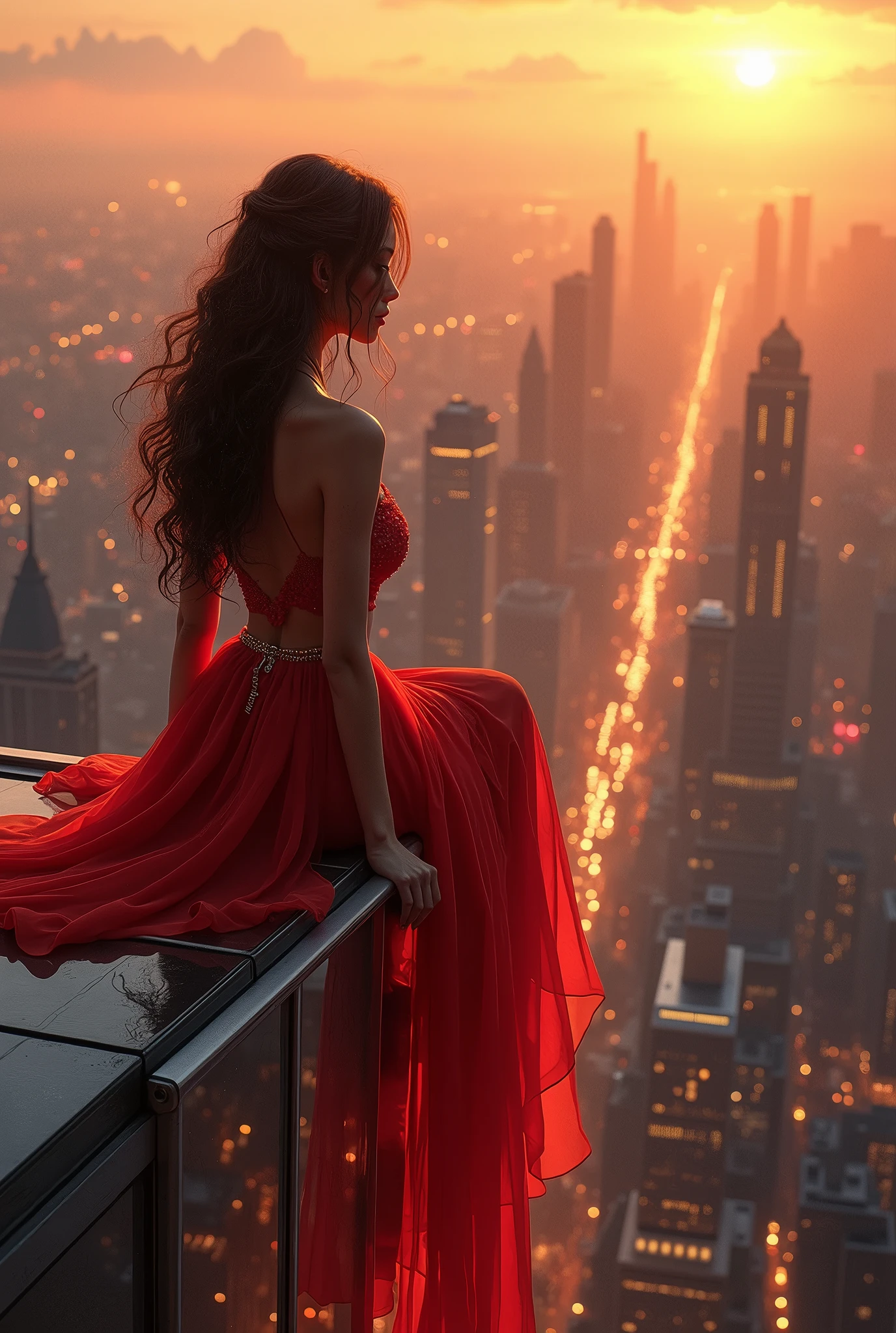 araffe sitting on a ledge overlooking a city skyline, a stock photo inspired by Mike Winkelmann, shutterstock, digital art, highly detailed giantess shot, perched on a skyscraper, giantess shot, overlooking a modern city, extremely detailed giantess shot, great view, demi rose, on top of it, giantess, sexy girl, gorgeous view