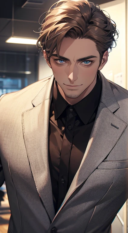 (best quality,4k,8k,highres,masterpiece:1.2),ultra-detailed,(realistic,photorealistic,photo-realistic:1.37),1 man,31 years old,mature man,very handsome,without expression,smile,short grey brown hair,blue eyes,penetrating gaze,perfect face without errors,imposing posture,businessman,office background,cinematic lighting,hdr image