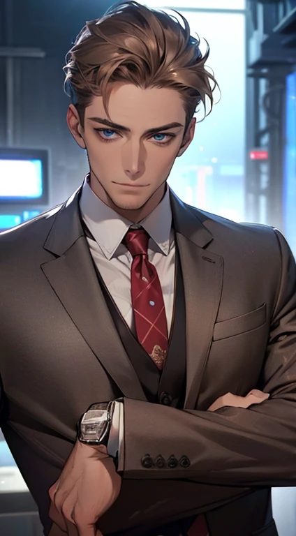 (best quality,4k,8k,highres,masterpiece:1.2),ultra-detailed,(realistic,photorealistic,photo-realistic:1.37),1 man,31 years old,mature man,very handsome,without expression,smile,short grey brown hair,blue eyes,penetrating gaze,perfect face without errors,imposing posture,businessman,office background,cinematic lighting,hdr image