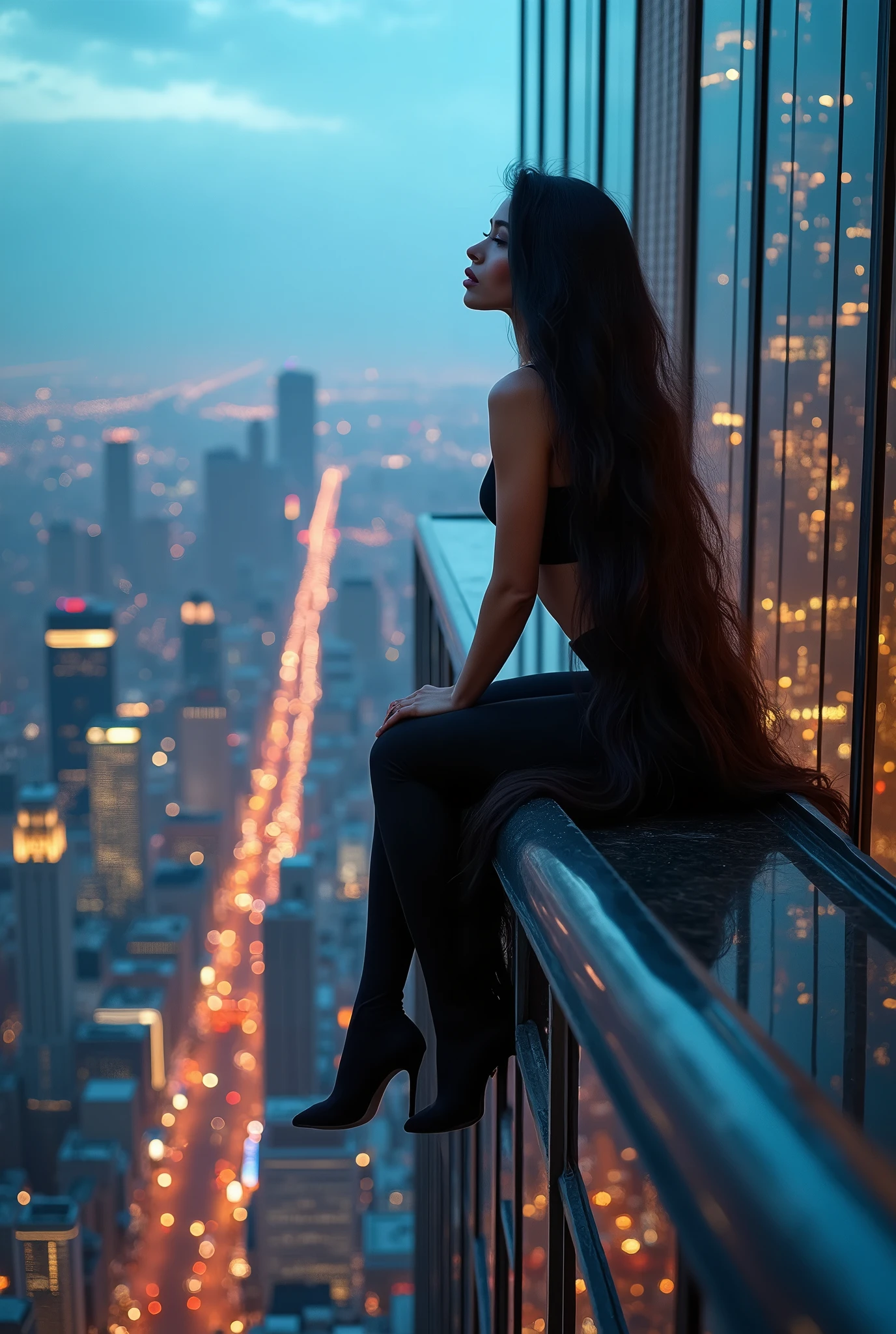araffe sitting on a ledge overlooking a city skyline, highly detailed giantess shot, perched on a skyscraper, giantess shot, overlooking a modern city, extremely detailed giantess shot, great view, demi rose, on top of it, giantess, sexy girl, gorgeous view, clear portrait of demi rose, city in the background, macro giantess