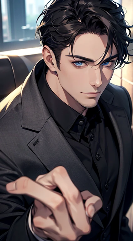 (best quality,4k,8k,highres,masterpiece:1.2),ultra-detailed,(realistic,photorealistic,photo-realistic:1.37),1 man,31 years old,mature man,very handsome,without expression,smile,short grey black hair,blue eyes,penetrating gaze,perfect face without errors,imposing posture,businessman,office background,cinematic lighting,hdr image