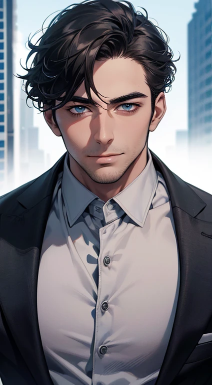 (best quality,4k,8k,highres,masterpiece:1.2),ultra-detailed,(realistic,photorealistic,photo-realistic:1.37),1 man,31 years old,mature man,very handsome,without expression,smile,short grey black hair,blue eyes,penetrating gaze,perfect face without errors,imposing posture,businessman,office background,cinematic lighting,hdr image