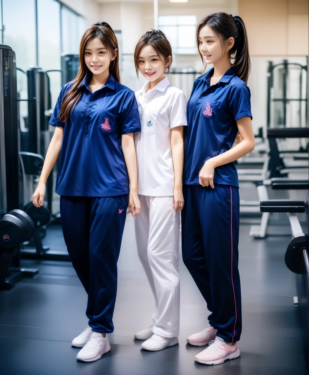 3 girls in fitness center, Navy blue short-sleeved shirt,Navy Long Trackpant,Sweatpants, Sweatpantsขายาว,25 year old girl, lesbian, sexy, exercise clothes, wet body, exercise clothes