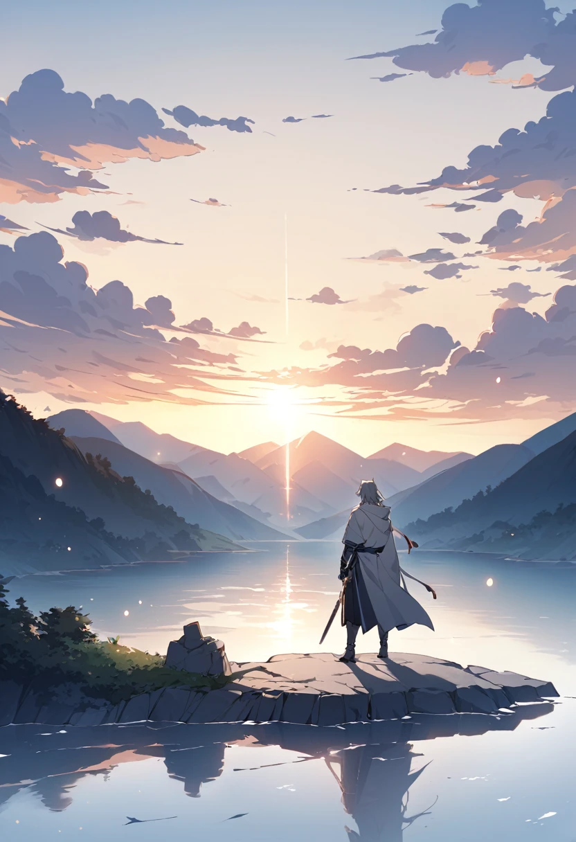 Please draw a picture of an ancient knight traveling around the world。The center of the picture is a man in a gray robe.,A warrior armed with a long sword,He has a thin and resolute face,The eyes are indifferent and detached。Background with mountains, rivers and lakes,Clouds and mist,Sunset or dawn。The knight walks lightly on the rocky path or by the lake,The tip of the sword taps the ground,Seems to be thinking and preparing to set off。The whole painting is gray、blue、White as main color,Dotted with the golden sunset or the soft morning light。Please pay attention to the use of light and shadow,Create a dreamy yet real atmosphere。at the same time,Please convey the chivalrous and unruly spirit through the screen、A mood of otherworldliness but also a touch of sadness or anticipation。