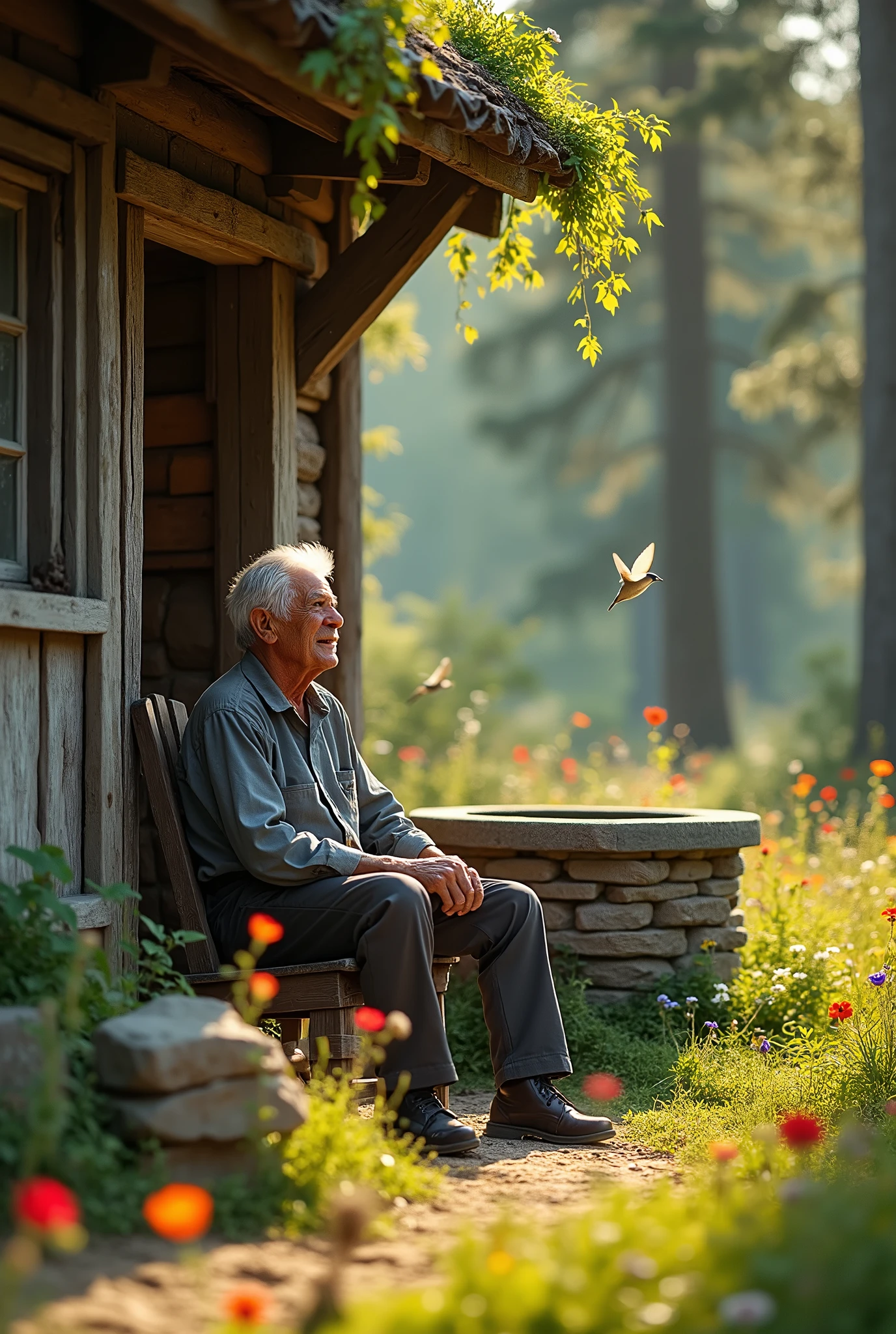 A 72-year-old man sits alone on a wooden chair at the door of his house in nature. His house is well isolated and has a well next to it. He is happy observing nature and the animals.