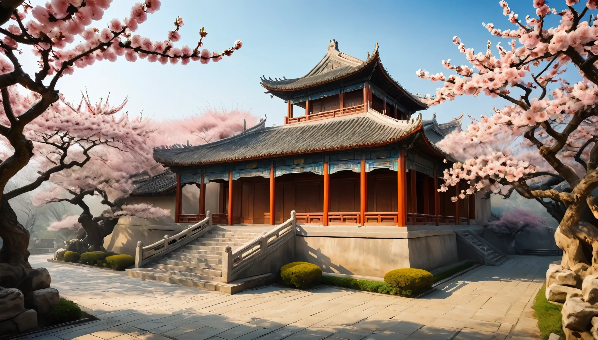 /I Tang Dynasty Buildings,Peach blossoms in full bloom,Chinese style fantasy,Light and shadow,High-resolution details,Ultra-high resolution,colorful,The shade is mottled,Peaceful and tranquil,Epic,Symmetrical composition,Natural light,Telephoto lens,Fine texture,Warm tones,Peaceful atmosphere,Magnificent。