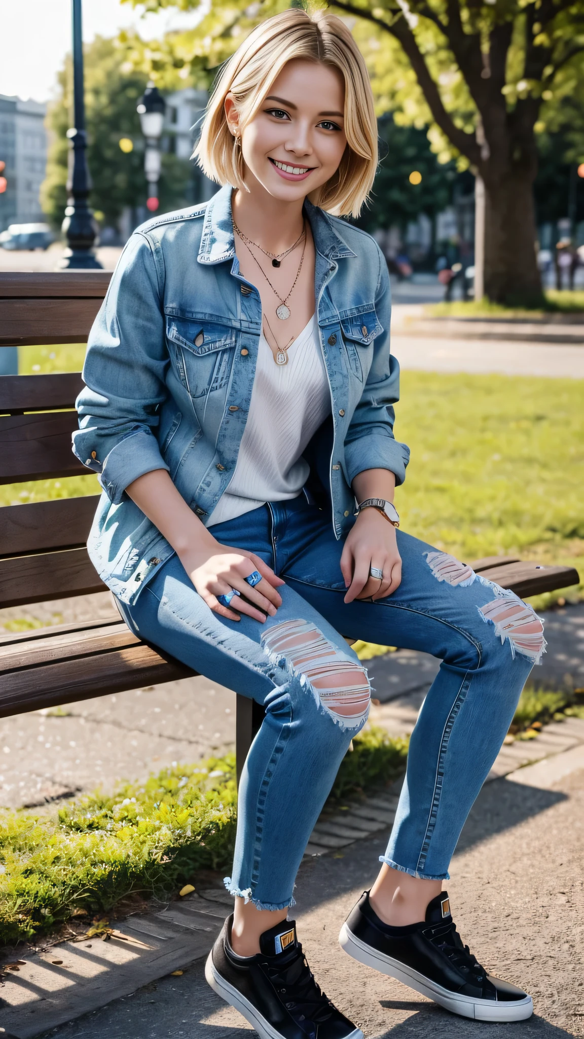 Super Resolution、A neat German woman、Full body photo、sitting on a park bench、Blonde Hair、blue eyes、Short Haircut、Wavy Hair、Ear piercing、、necklace、Denim jacket、shirt、Skinny jeans、sneakers、I'm wearing black socks.、smile、Beautiful teeth alignment