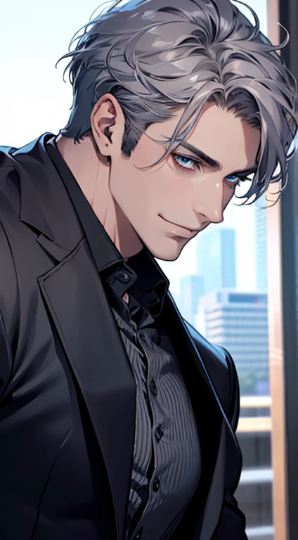 (best quality,4k,8k,highres,masterpiece:1.2),ultra-detailed,(realistic,photorealistic,photo-realistic:1.37),1 man,31 years old,mature man,very handsome,without expression,smile,short grey blue hair,blue eyes,penetrating gaze,perfect face without errors,imposing posture,businessman,office background,cinematic lighting,hdr image