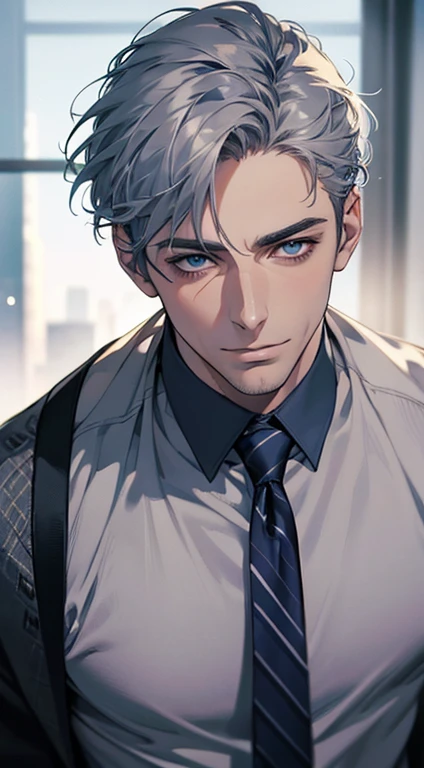 (best quality,4k,8k,highres,masterpiece:1.2),ultra-detailed,(realistic,photorealistic,photo-realistic:1.37),1 man,31 years old,mature man,very handsome,without expression,smile,short grey blue hair,blue eyes,penetrating gaze,perfect face without errors,imposing posture,businessman,office background,cinematic lighting,hdr image