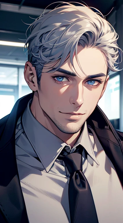 (best quality,4k,8k,highres,masterpiece:1.2),ultra-detailed,(realistic,photorealistic,photo-realistic:1.37),1 man,31 years old,mature man,very handsome,without expression,smile,short grey blue hair,blue eyes,penetrating gaze,perfect face without errors,imposing posture,businessman,office background,cinematic lighting,hdr image