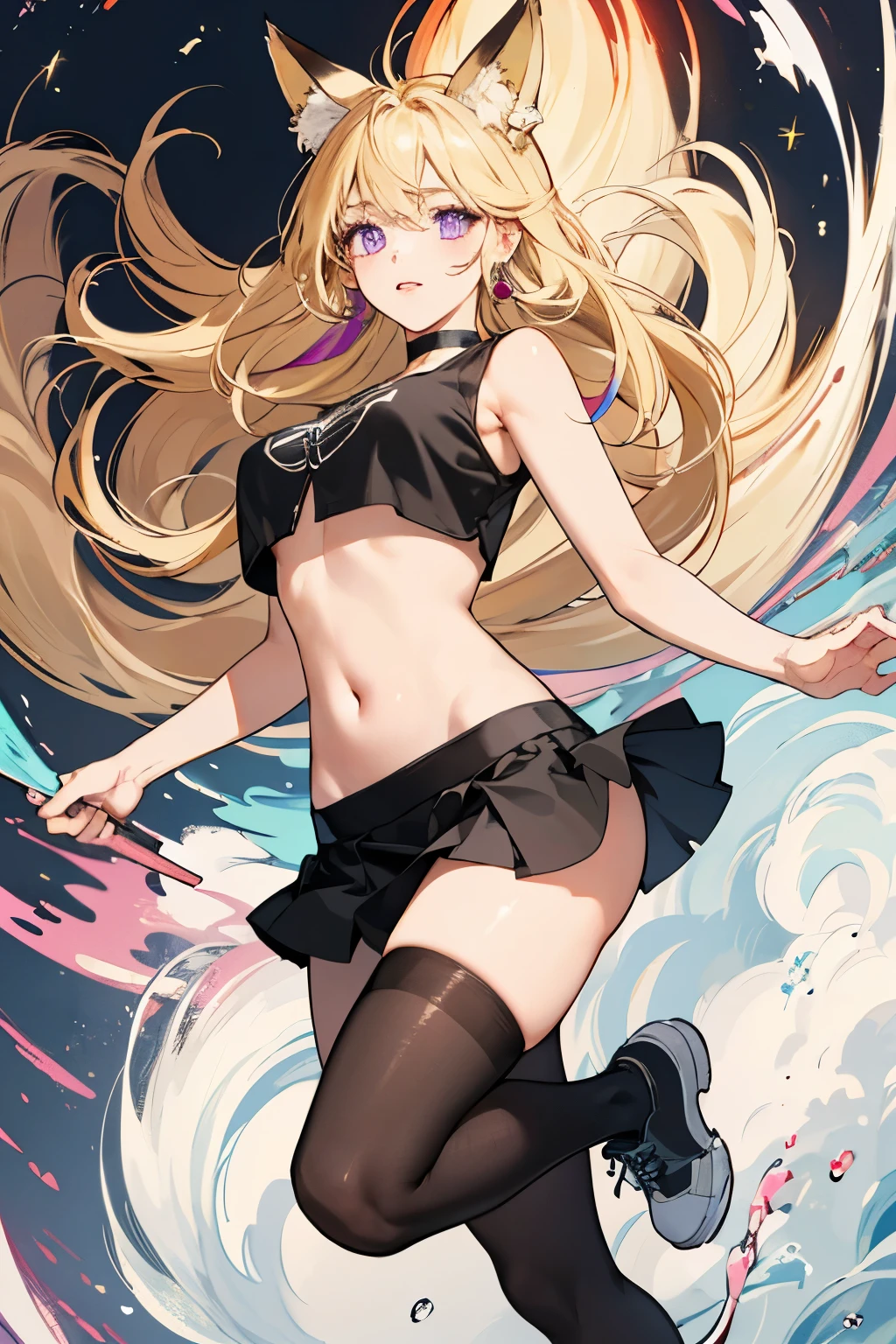 (((Masterpiece))), (((Best Quality))),Ultra High Resolution, Caustics, Detailed, (Beautiful Detailed Eyes),Perfect Anatomy, nsfw, (Fox ears), Exquisite eyes,   Blonde, multicolor hair ，Facial details,  Red Eyeshadow, masterpiece, high quality,  Large Breasts，Black pantyhose,solo,White short top, sports Shorts, black tight, strip tight, long socks, large earrings, clear eyes, purple eyes, choker, ((black crop top, thin material, mini skirt)), open waist, (symmetrical eyes), (perfect symmetrical body)