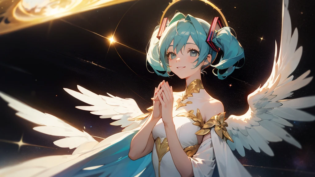 masterpiece, Highest quality,The finest details, big　hatsune miku,smile, White gown, Angel, Angel wings, Golden halo, Upper Body,To hold the tiny Earth in both hands, Looking at the Earth, Space Background
