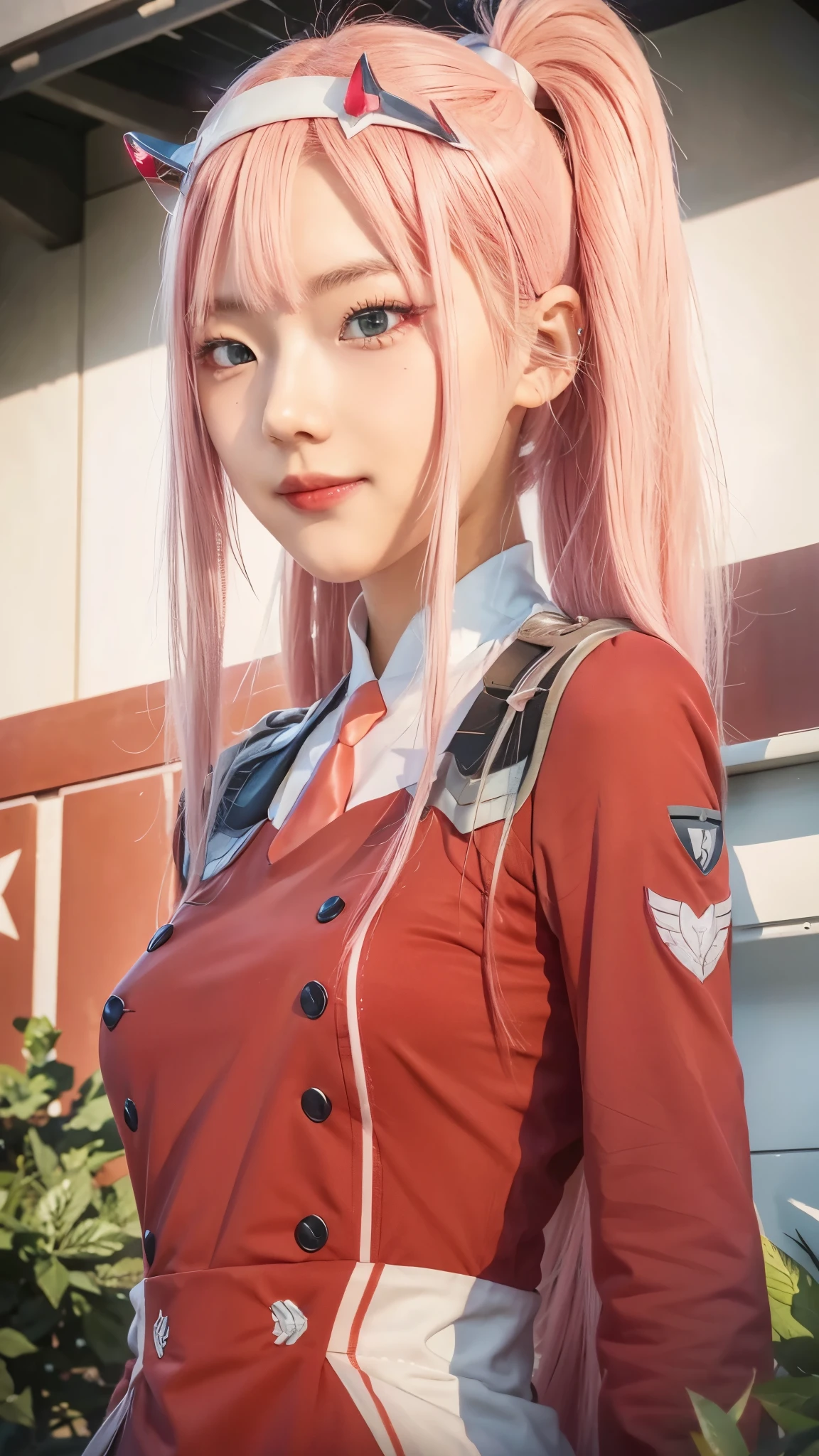 zero two \(darling in franxx\), Horn, 1 girl, alone, pink hair, headband, long hair, smile, white headband, uniform, necktie, soldier, soldier uniform, medium chest, look at viewer, chest, upper body, Eyebrows visible through hair, double breasted, buttons