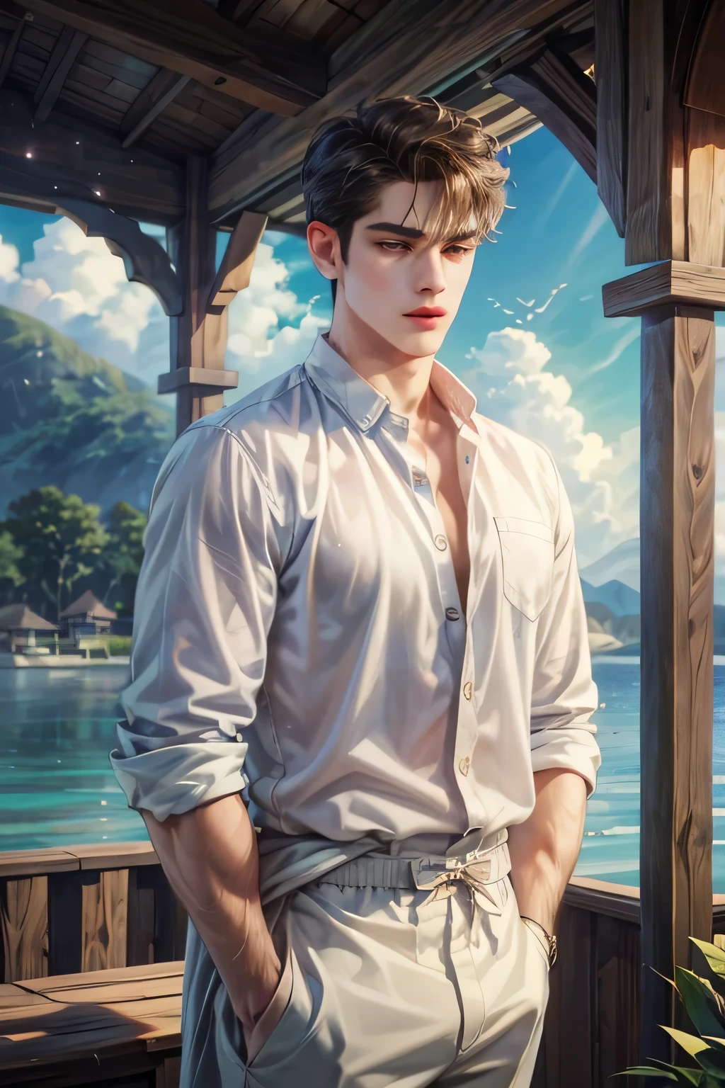 masterpiece, best quality, 1man, adult, male focus, solo, short hair, casual outfit, fashion show attire, extremely detailed resort background from the Philippines