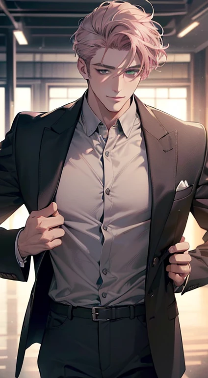 (best quality,4k,8k,highres,masterpiece:1.2),ultra-detailed,(realistic,photorealistic,photo-realistic:1.37),cinematic lighting,1:4 hdr image,a mature man, 29 years old,very handsome,cold expression smile in love, short grey pink hair, green eyes,flawless face,buttoning his jacket,CEO