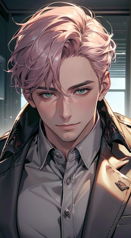 (best quality,4k,8k,highres,masterpiece:1.2),ultra-detailed,(realistic,photorealistic,photo-realistic:1.37),cinematic lighting,1:4 hdr image,a mature man, 29 years old,very handsome,cold expression smile in love, short grey pink hair, green eyes,flawless face,buttoning his jacket,CEO