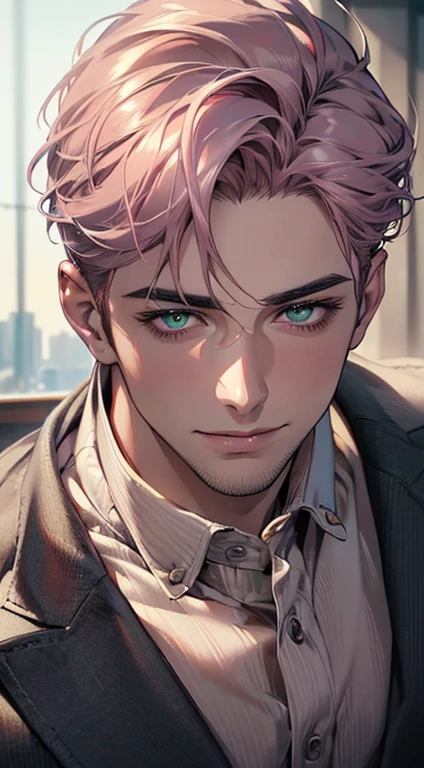 (best quality,4k,8k,highres,masterpiece:1.2),ultra-detailed,(realistic,photorealistic,photo-realistic:1.37),cinematic lighting,1:4 hdr image,a mature man, 29 years old,very handsome,cold expression smile in love, short grey pink hair, green eyes,flawless face,buttoning his jacket,CEO