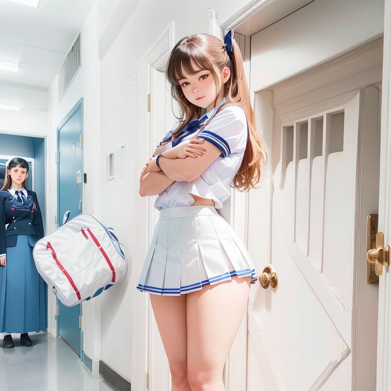 a woman stands in the doorway with her arms crossed, to wear a school uniform, to wear a school uniform, girl in uniform, wear a headmistress uniform, schoolgirls posing, teenage schoolgirl, cute schoolgirl, hyper realistic schoolgirl, white uniform, The entire theme is shown in the photo, the full picture, removed for 2 0 2 0, bottom corner