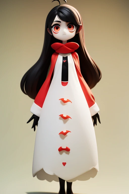 　Primary school students　young　small　height: 130cm　Standing picture Simple design　The dress is a one-piece　camisole　Sleeveless　No sleeve　Long Hair　Long black hair　Hair is black　Red eyes　Shoulder-baring ahoge　Kokeshi
