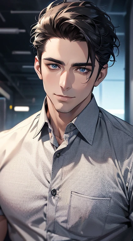 (best quality,4k,8k,highres,masterpiece:1.2),ultra-detailed,(realistic,photorealistic,photo-realistic:1.37),1 man,31 years old,mature man,very handsome,without expression,smile,short grey black hair,blue eyes,penetrating gaze,perfect face without errors,imposing posture,businessman,office background,cinematic lighting,hdr image