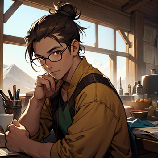 A sketch of a Solo male Filipino brown eyes with a messy man bun styled brown hair while wearing glasses set in a fantasy scene